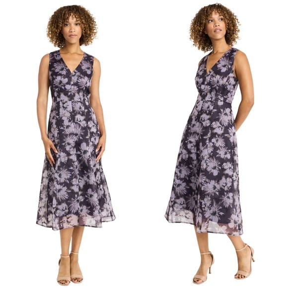Maggy London Milly Floral Sleeveless Airy Organza V-Neck A-Line Midi Dress NEW - Picture 1 of 10